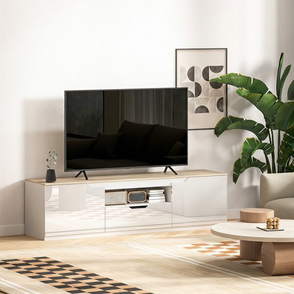 HOMCOM Mobile TV lucido con 3 scomparti e cassetto, 160x38x43 cm, legno naturale | Aosom Italy