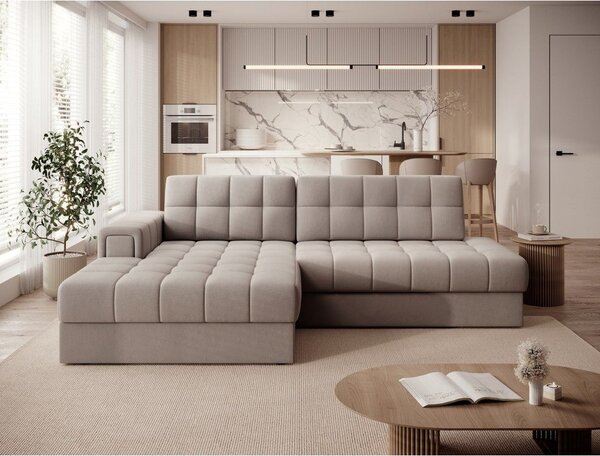Divano angolare beige allungabile (con penisola a sinistra/con chaise lounge) con rivestimento in velluto Blezalt – ELTAP