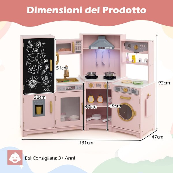 Costway Cucina giocattolo angolare in legno con luci e cappa e accessori ricchi, Set da cucina per bambini di 3+ anni Rosa