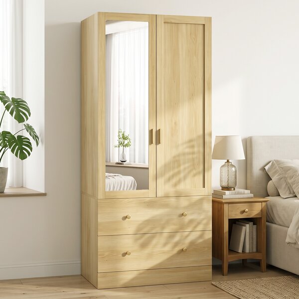 HOMCOM Armadio guardaroba con specchio, 2 ante, 2 cassetti e barra, 80x50x180 cm, rovere | Aosom Italy