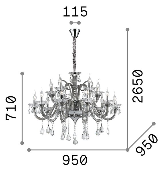 Lampadario Classico Colossal Metallo-Cristallo Grigio 15 Luci E14