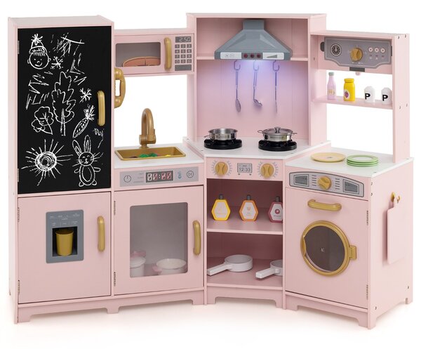 Costway Cucina giocattolo angolare in legno con luci e cappa e accessori ricchi, Set da cucina per bambini di 3+ anni Rosa