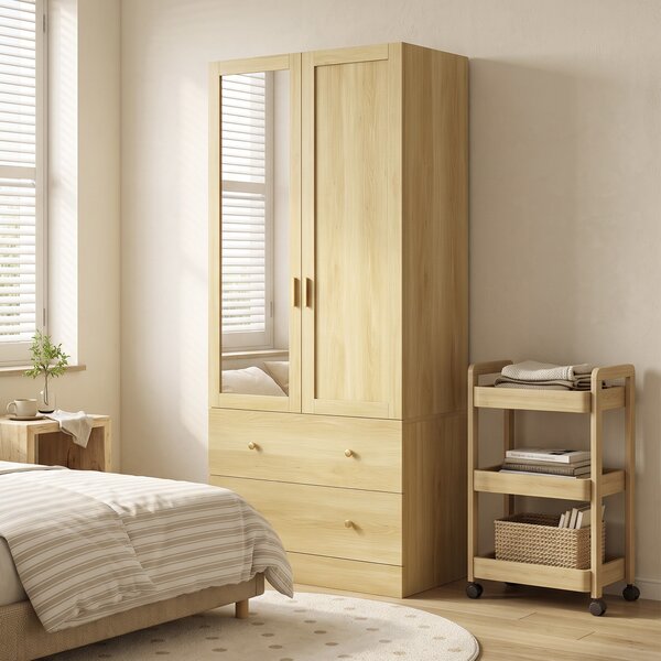HOMCOM Armadio guardaroba con specchio, 2 ante, 2 cassetti e barra, 80x50x180 cm, rovere | Aosom Italy