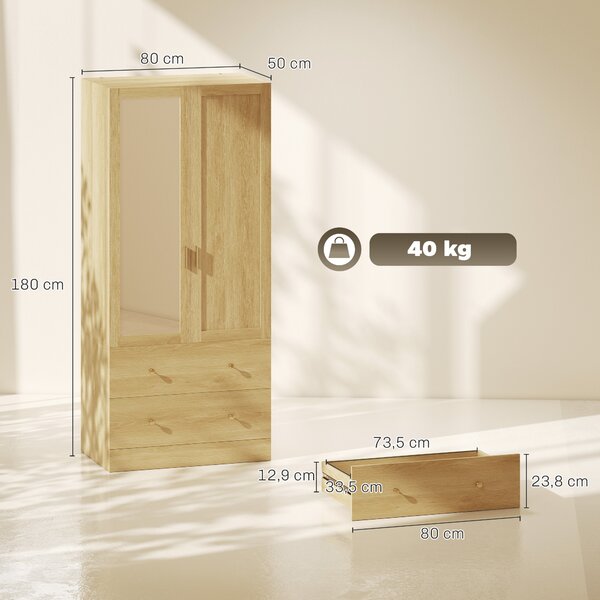 HOMCOM Armadio guardaroba con specchio, 2 ante, 2 cassetti e barra, 80x50x180 cm, rovere | Aosom Italy