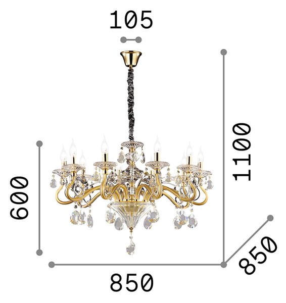 Lampadario Classico Negresco Metallo-Cristallo Oro 10 Luci E14