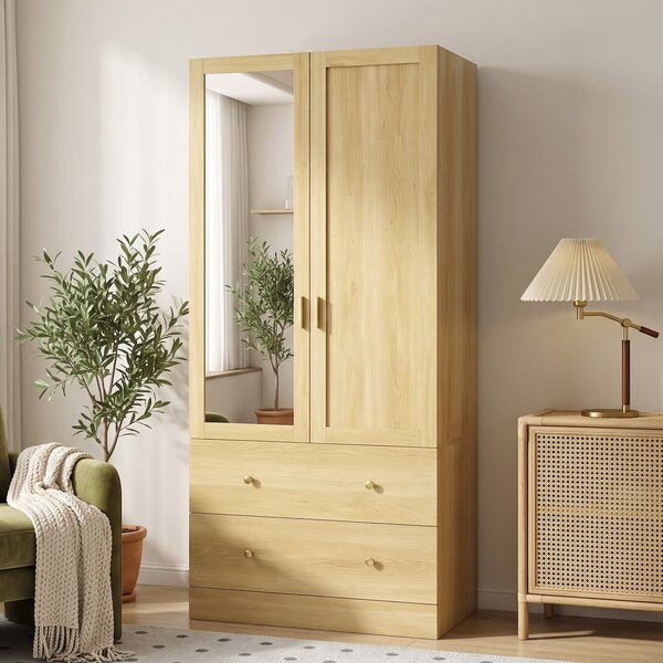 HOMCOM Armadio guardaroba con specchio, 2 ante, 2 cassetti e barra, 80x50x180 cm, rovere | Aosom Italy