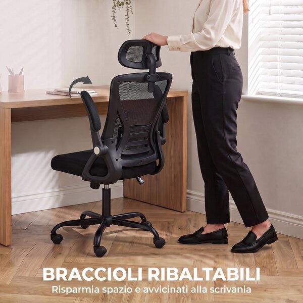 HOMCOM Sedia da ufficio ergonomica con braccioli ribaltabili e poggiatesta regolabile, nero | Aosom Italy