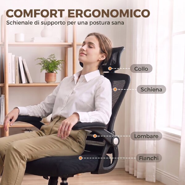 HOMCOM Sedia da ufficio ergonomica con braccioli ribaltabili e poggiatesta regolabile, nero | Aosom Italy