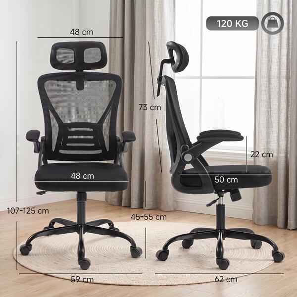 HOMCOM Sedia da ufficio ergonomica con braccioli ribaltabili e poggiatesta regolabile, nero | Aosom Italy