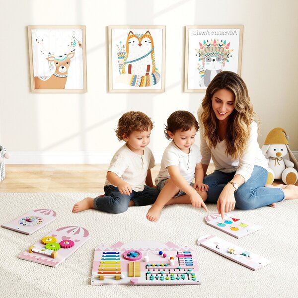 Costway Pannelli da attività per bambini tavola sensoriale montessori 11 in 1 in legno, Pannelli centro attività da parete per sala giochi