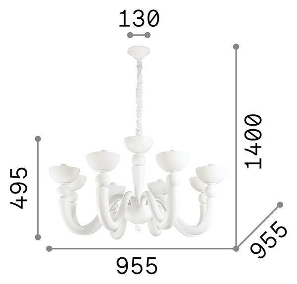 Lampadario Shabby Chic-Provenzale Bon Bon Metallo Bianco 8 Luci