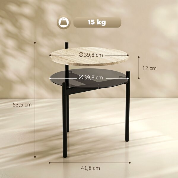 HOMCOM Tavolino laterale rotondo con ripiano in vetro, 41,8x39,8x53,5 cm, rovere | Aosom Italy
