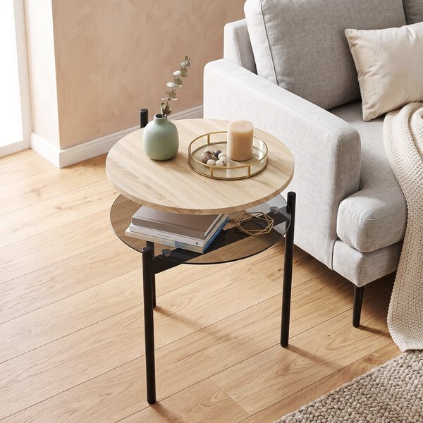 HOMCOM Tavolino laterale rotondo con ripiano in vetro, 41,8x39,8x53,5 cm, rovere | Aosom Italy