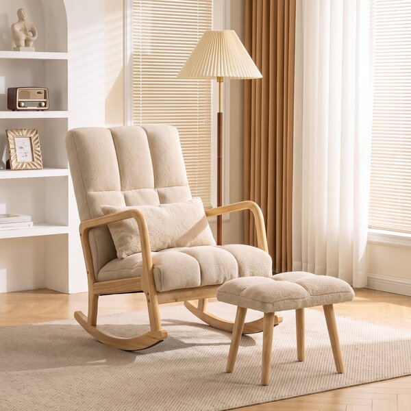 HOMCOM Poltrona a dondolo con poggiapiedi in tessuto bouclette, 64,5x82x89 cm, beige | Aosom Italy