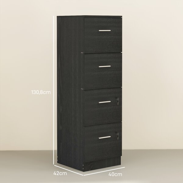HOMCOM Cassettiera ufficio 4 cassetti con 2 serrature e barra portadocumenti, 40x42x130,8 cm, nero | Aosom Italy