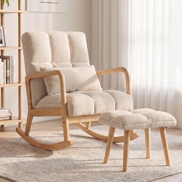 HOMCOM Poltrona a dondolo con poggiapiedi in tessuto bouclette, 64,5x82x89 cm, beige | Aosom Italy
