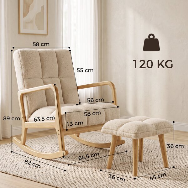 HOMCOM Poltrona a dondolo con poggiapiedi in tessuto bouclette, 64,5x82x89 cm, beige | Aosom Italy