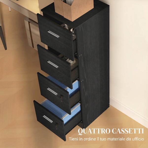 HOMCOM Cassettiera ufficio 4 cassetti con 2 serrature e barra portadocumenti, 40x42x130,8 cm, nero | Aosom Italy