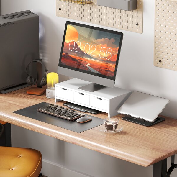HOMCOM Rialzo monitor con 3 cassetti e supporto per PC portatile, 51x24x13 cm, bianco | Aosom Italy