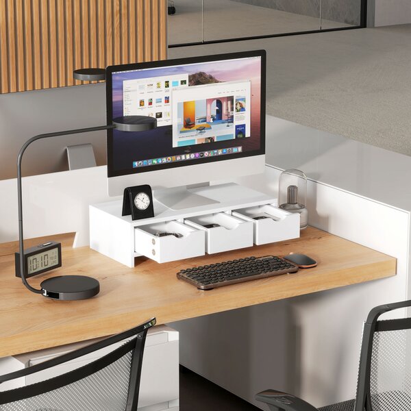 HOMCOM Rialzo monitor con 3 cassetti e supporto per PC portatile, 51x24x13 cm, bianco | Aosom Italy