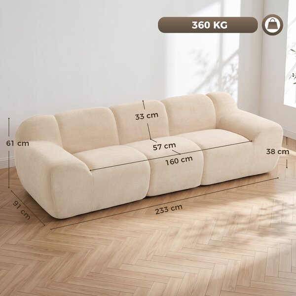 HOMCOM Divano 3 posti in ciniglia con seduta profonda e braccioli larghi, 233 cm, beige | Aosom Italy