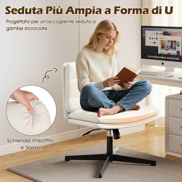 Costway Sedia per ufficio con sedile e schienale confortevoli, Poltrona in pelle sintetica senza braccioli con base ad incrocio Bianco