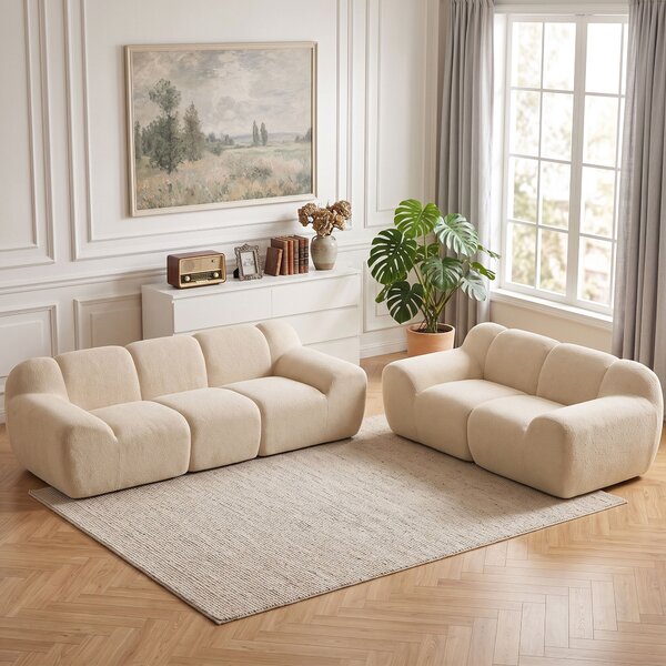HOMCOM Divano 3 posti in ciniglia con seduta profonda e braccioli larghi, 233 cm, beige | Aosom Italy