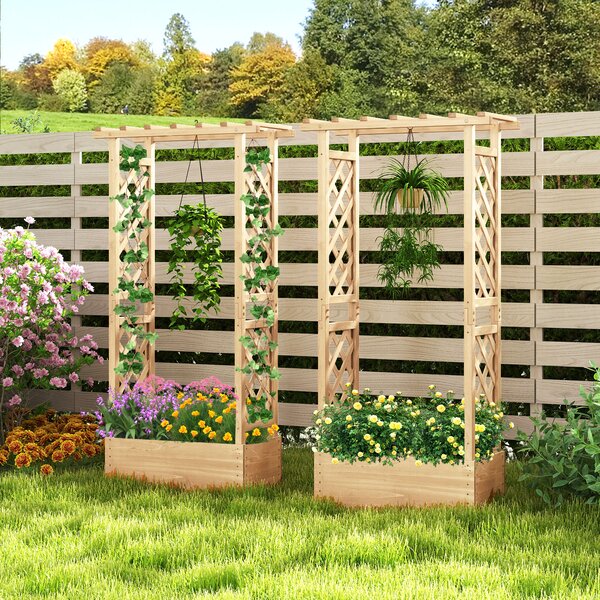 Costway Letto da giardino in legno con traliccio e tetto pendente, Scatola fioriera con fori di drenaggio per interni ed esterni Naturale