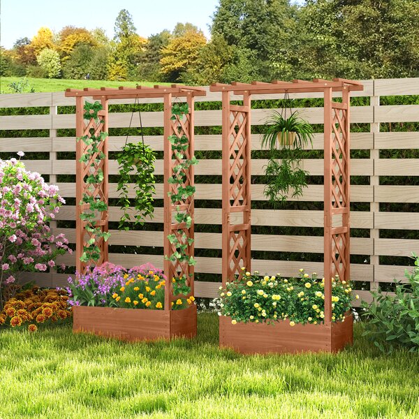 Costway Letto da giardino in legno con traliccio e tetto pendente, Scatola fioriera con fori di drenaggio per interni ed esterni Marrone scuro
