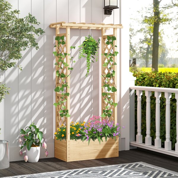 Costway Letto da giardino in legno con traliccio e tetto pendente, Scatola fioriera con fori di drenaggio per interni ed esterni Naturale