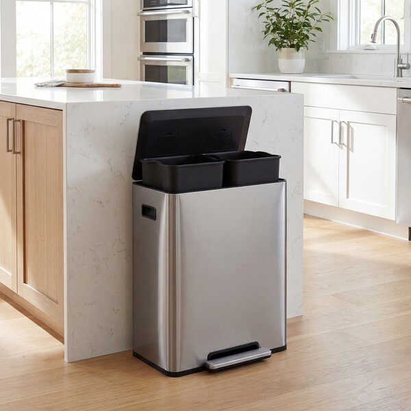 Costway Pattumiera differenziata 60L in acciaio inossidabile con 2 secchi rimovibili e pedale, Bidone riciclaggio per cucina soggiorno Acciaio inossidabile