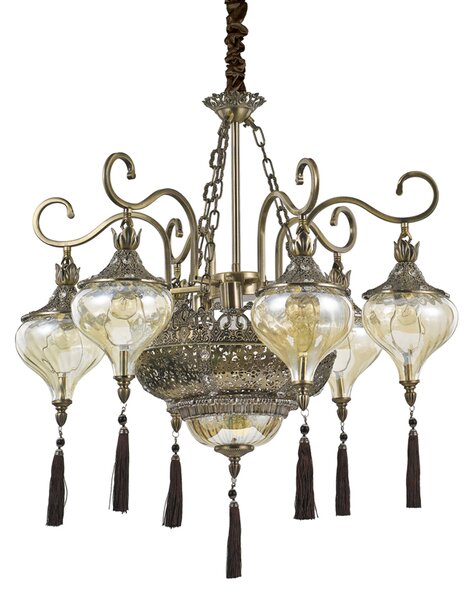 Sospensione Vintage-Decò Harem Metallo Ottone Brunito 9 Luci E27