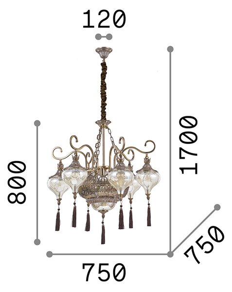Sospensione Vintage-Decò Harem Metallo Ottone Brunito 9 Luci E27