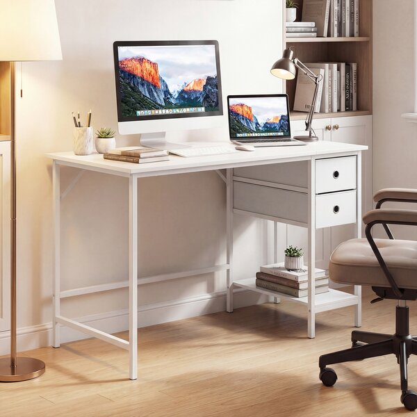Costway Scrivania per computer con 2 cassetti ripiano e gancio in legno e metallo, Tavolo ufficio salvaspazio per studio 120 x 60 x 75 cm Bianco
