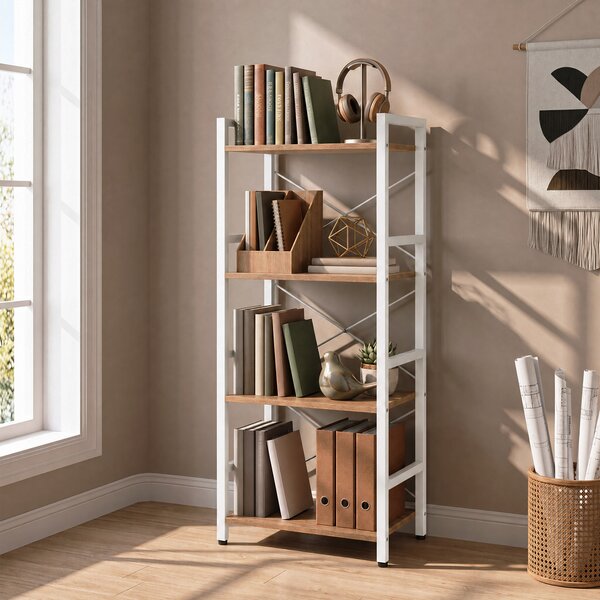 Costway Libreria stretta a 4 ripiani autoportante struttura metallo resistente, Scaffale industriale ripiani aperti design anti-caduta soggiorno ufficio casa Bianco