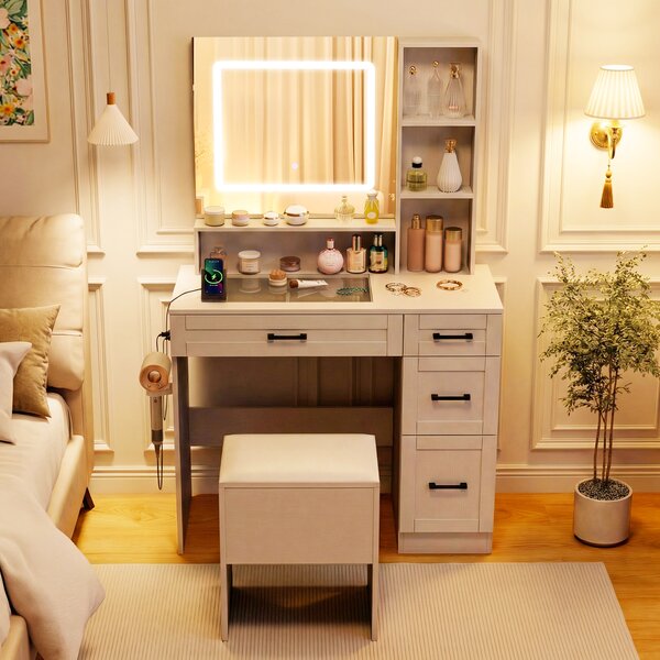 Costway Toeletta con specchio luci prese porta asciugacapelli 4 cassetti e 3 ripiani, Tavolo trucco con sgabello piano in vetro 3 colori regolabili Bianco