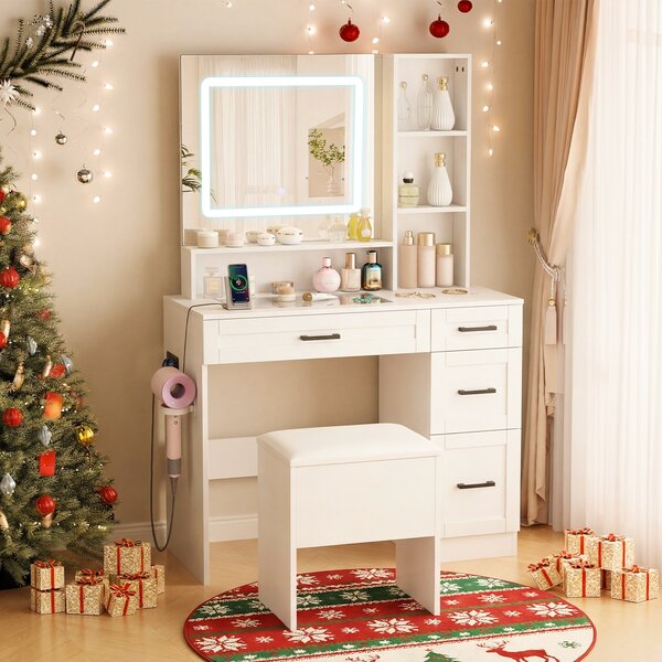 Costway Toeletta con specchio luci prese porta asciugacapelli 4 cassetti e 3 ripiani, Tavolo trucco con sgabello piano in vetro 3 colori regolabili Bianco