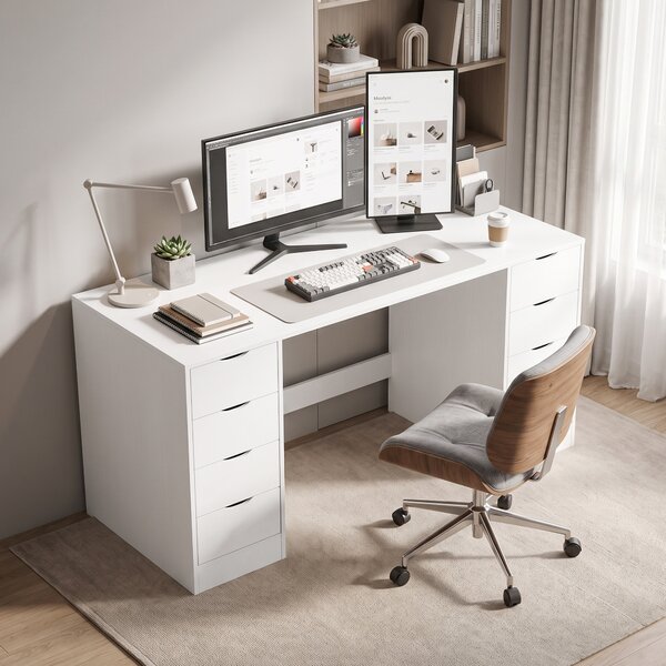 HOMCOM Scrivania da 140 cm con 8 Cassetti e Spazio Contenitivo, Effetto Legno Bianco | Aosom Italy