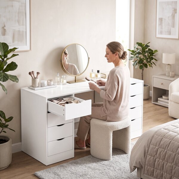 HOMCOM Scrivania da 140 cm con 8 Cassetti e Spazio Contenitivo, Effetto Legno Bianco | Aosom Italy