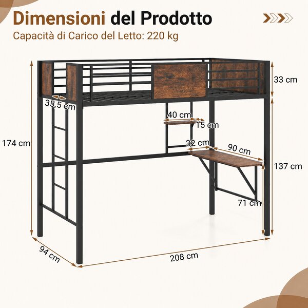 Costway Letto a soppalco metallo salvaspazio scrivania libreria, Letto rialzato sponda rialzata doghe scala 3 gradini industriale