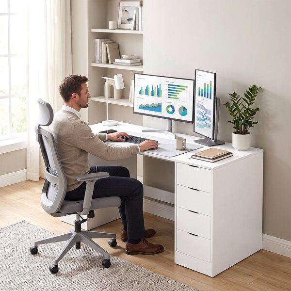 HOMCOM Scrivania da 140 cm con 8 Cassetti e Spazio Contenitivo, Effetto Legno Bianco | Aosom Italy