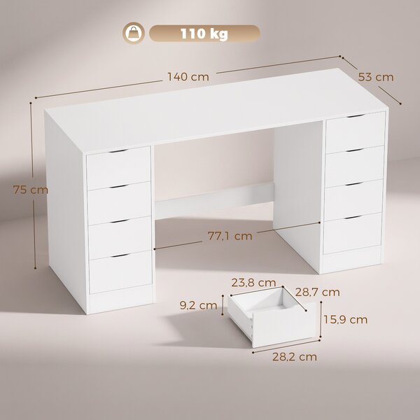 HOMCOM Scrivania da 140 cm con 8 Cassetti e Spazio Contenitivo, Effetto Legno Bianco | Aosom Italy