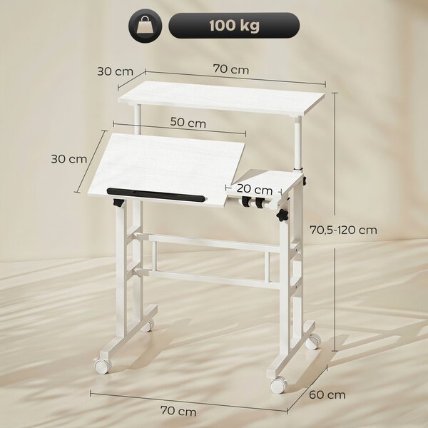 HOMCOM Scrivania Regolabile in Altezza con Ruote e Piano Inclinabile, 70x60x70,5-120 cm, Bianco | Aosom Italy