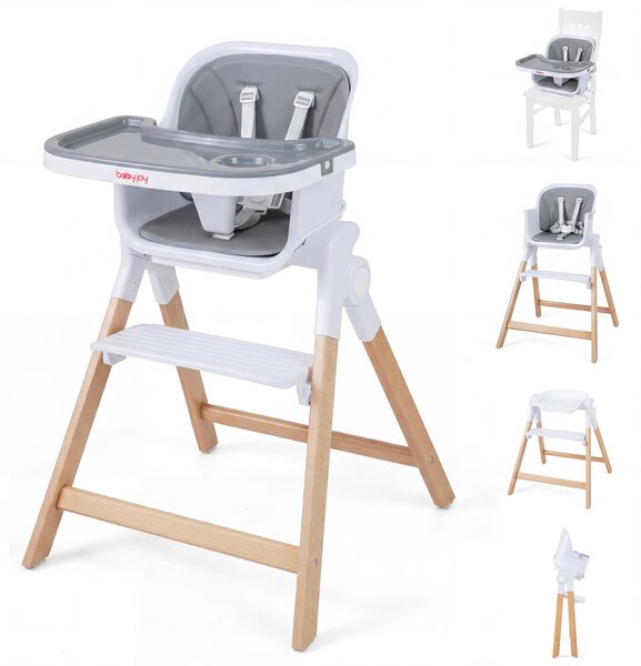 Costway Seggiolone pappa pieghevole 4 in 1 cuscino vassoi doppi rimovibili, Per neonati 6-36m gambe legno cintura portabicchieri Grigio