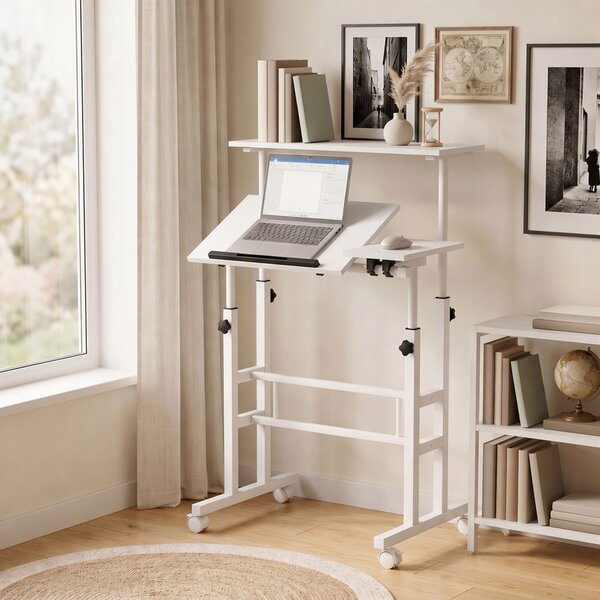 HOMCOM Scrivania Regolabile in Altezza con Ruote e Piano Inclinabile, 70x60x70,5-120 cm, Bianco | Aosom Italy