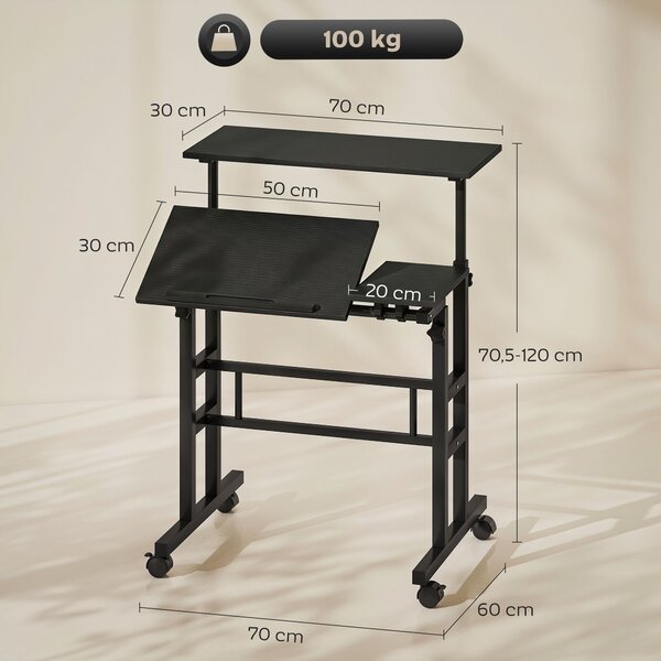 HOMCOM Scrivania Regolabile in Altezza con Ruote e Piano Inclinabile, 70x60 cm, Nero | Aosom Italy