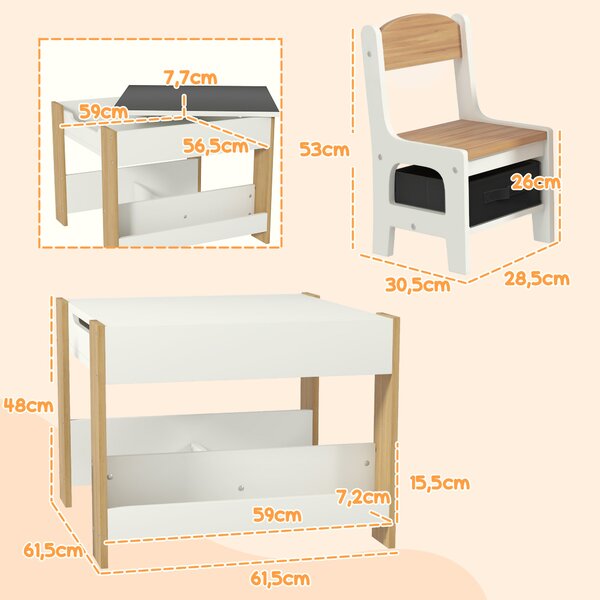 HOMCOM Set Tavolo Bambini 3 in 1 con 2 Sedie, Lavagna e Libreria, 3-8 Anni, Naturale | Aosom Italy