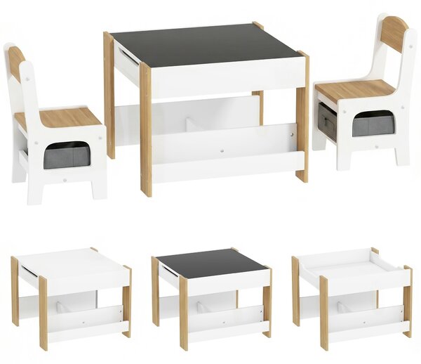 HOMCOM Set Tavolo Bambini 3 in 1 con 2 Sedie, Lavagna e Libreria, 3-8 Anni, Naturale | Aosom Italy