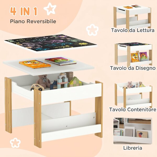 HOMCOM Set Tavolo Bambini 3 in 1 con 2 Sedie, Lavagna e Libreria, 3-8 Anni, Naturale | Aosom Italy