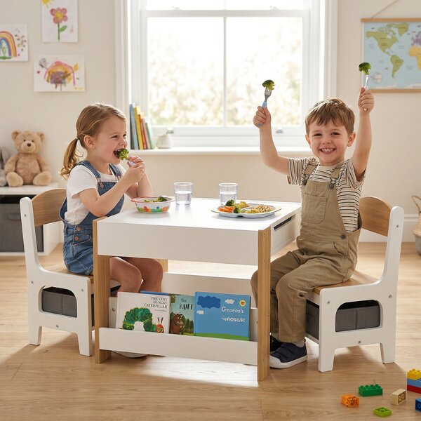HOMCOM Set Tavolo Bambini 3 in 1 con 2 Sedie, Lavagna e Libreria, 3-8 Anni, Naturale | Aosom Italy